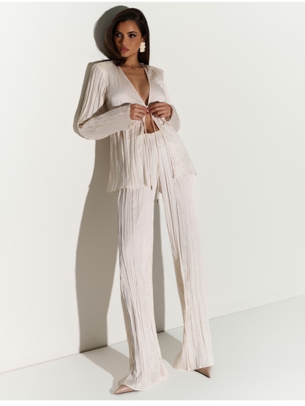 NEW ZARA 2 Piece SET Cream Satin Crinkle V Neck Top and Wide-Leg Pants Trousers